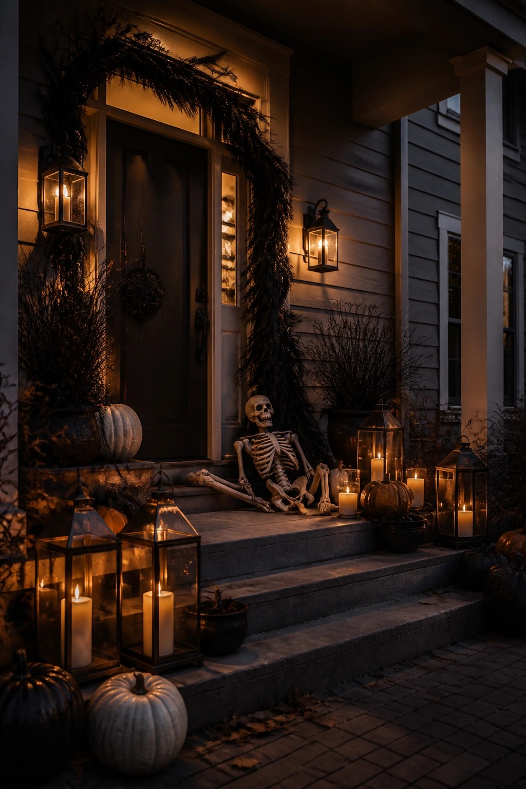 A skeleton posed sitting on the steps of a decorated front porch with lanterns and pumpkins.