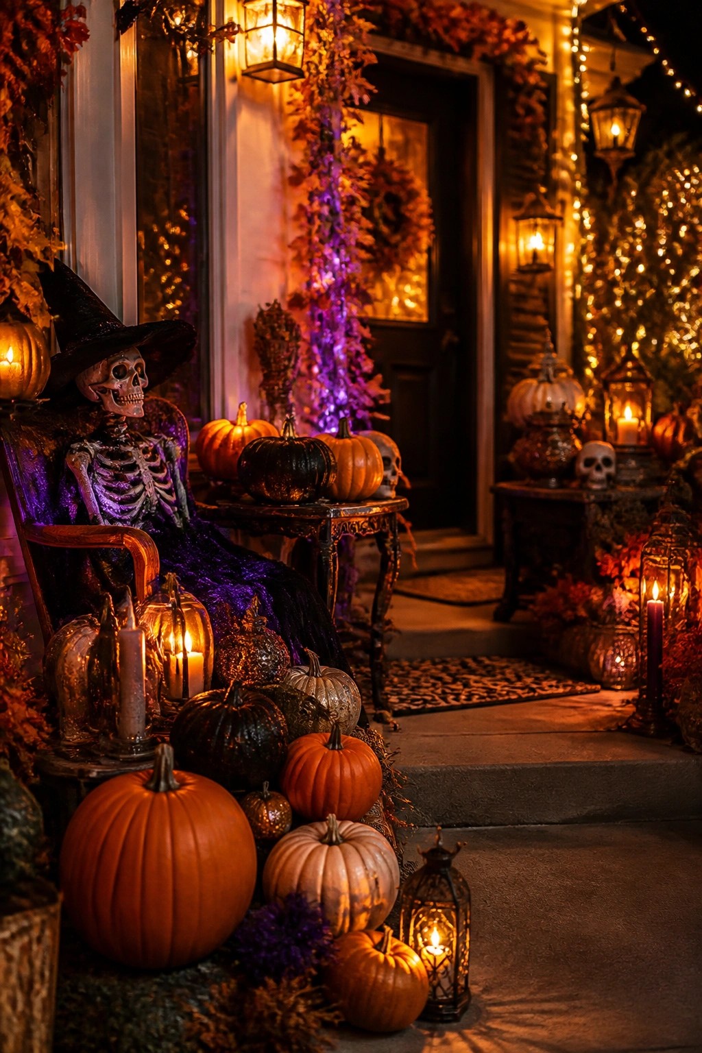 Front porch with a large skeleton in a witch hat and dress seated in a wooden chair, surrounded by pumpkins and lit lanterns.