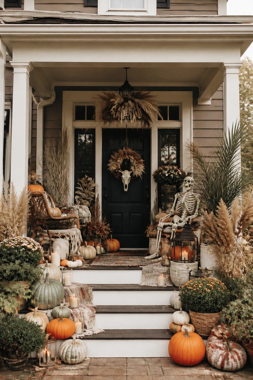 Front porch with a skeleton seated near the door, a skull wreath on the black door, and pumpkins arranged on the steps and ground.