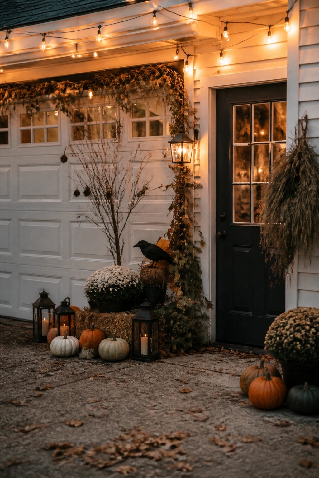 Garage entrance decorated with a black crow on hay bales, pumpkins, lanterns, and string lights around a white garage door and dark front door.