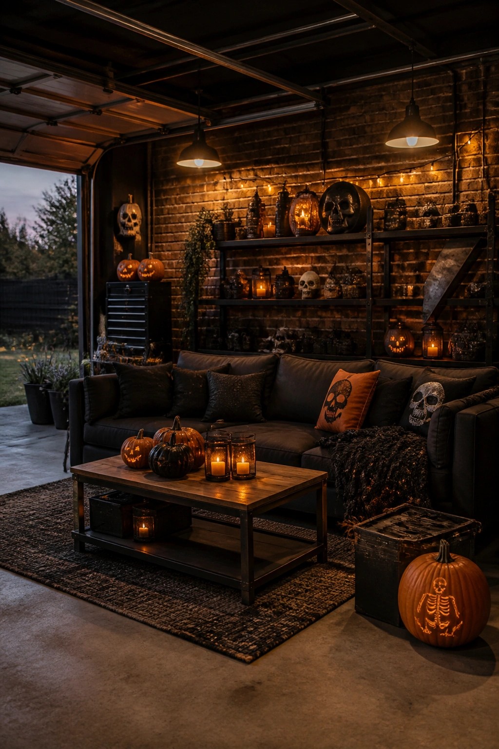 Garage party space with a dark sofa, wooden coffee table, multiple carved jack o lanterns, and skull pillows arranged against a brick wall.