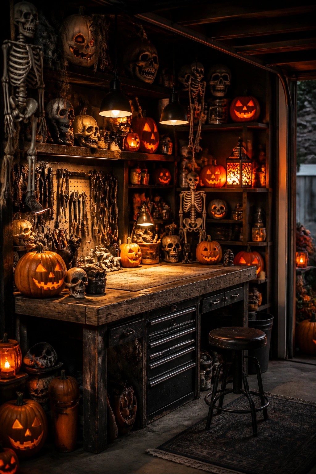Garage workshop with dark wooden workbench, shelves lined with multiple skeletons and skulls, and glowing jack o lanterns arranged throughout the space.
