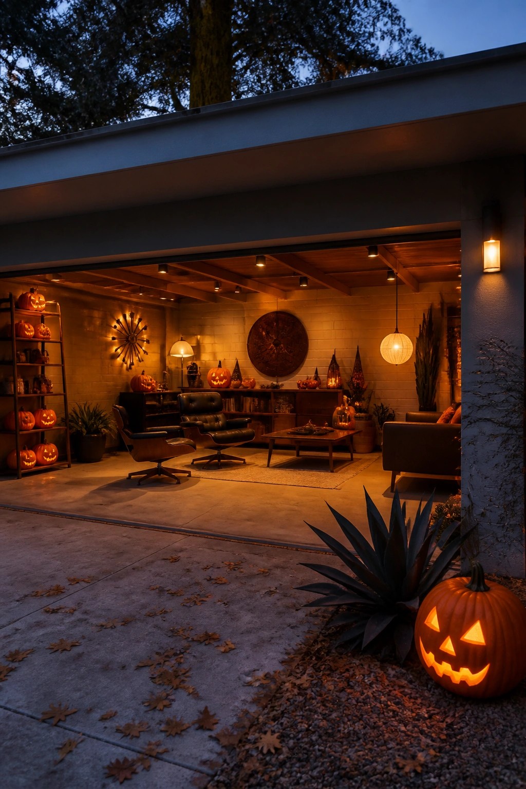 Modern garage lounge with glowing jack-o'-lanterns, Eames chairs, and autumn leaves.