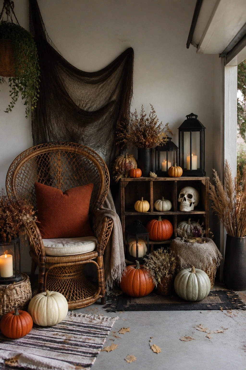Wooden crate on a porch holding a skull, orange and white pumpkins, and black lanterns with lit candles.