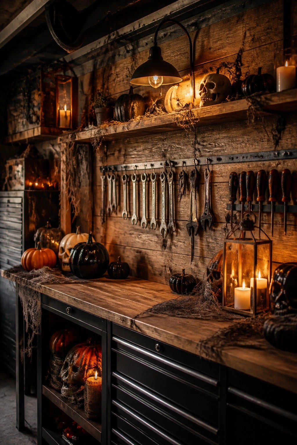 Garage workbench styled with black pumpkins, skulls, and spiderwebs along a wooden work surface with tools on the wall behind it.