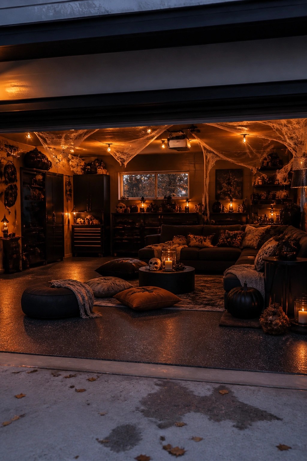 Garage interior with spiderwebs draped across the ceiling and string lights, a dark sectional sofa, and Halloween accents like skulls and a black pumpkin.