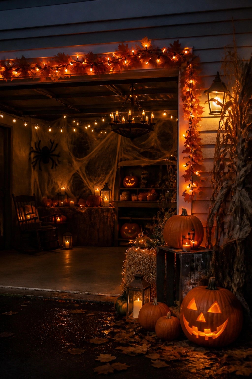Glowing jack-o'-lanterns, string lights, and spiderwebs adorn a spooky Halloween porch at night.
