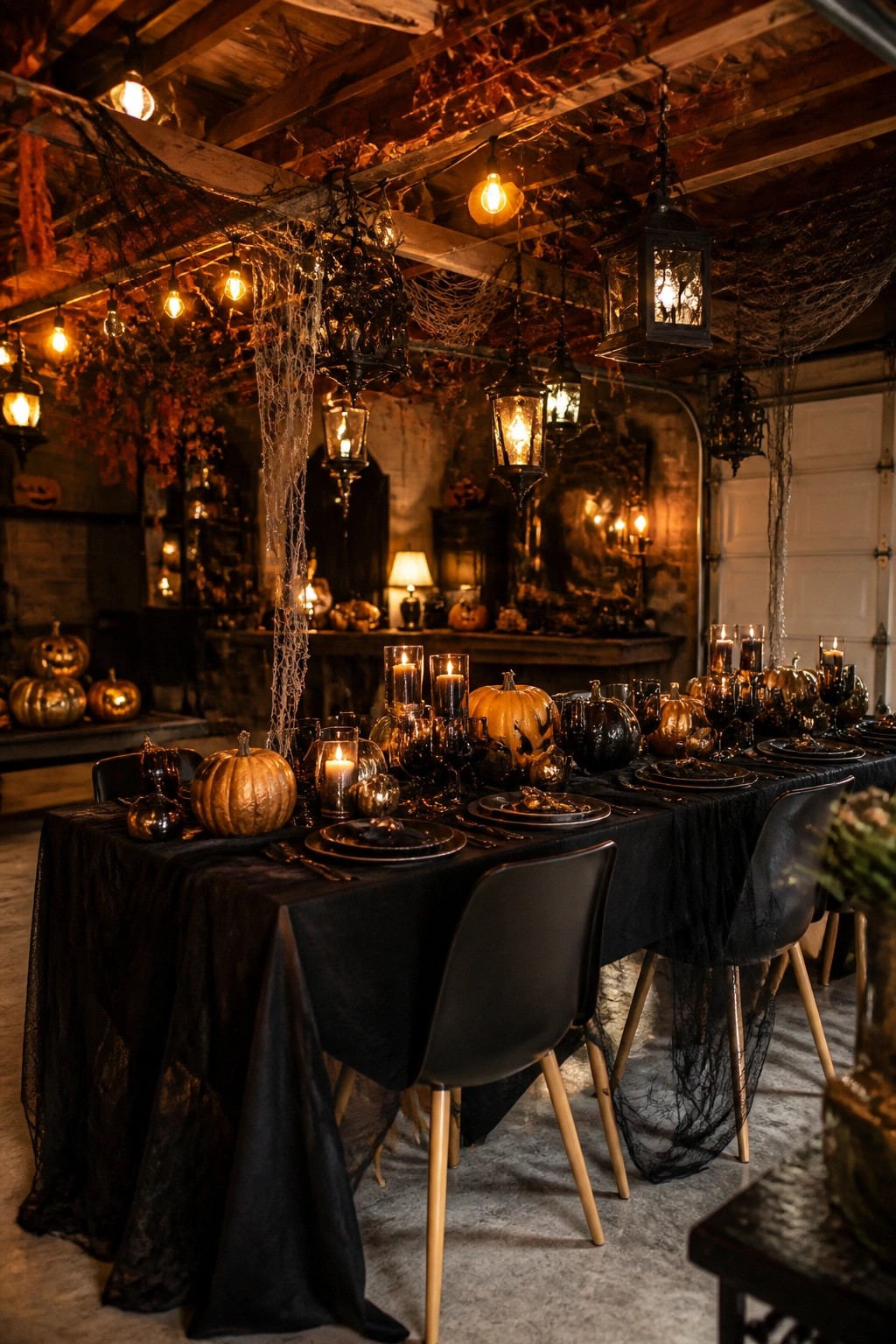 Spooky Halloween table with black linens, golden pumpkins, candles, and hanging lanterns amid cobwebs.