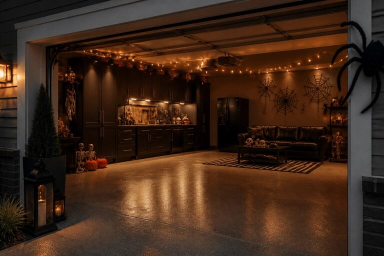 22 Halloween Garage Party Decor Ideas That Bring the Fun Home Garage interior set up for a Halloween party with multiple white sheet-style ghosts hanging on the walls, string lights across the ceiling, and carved pumpkins on the floor.