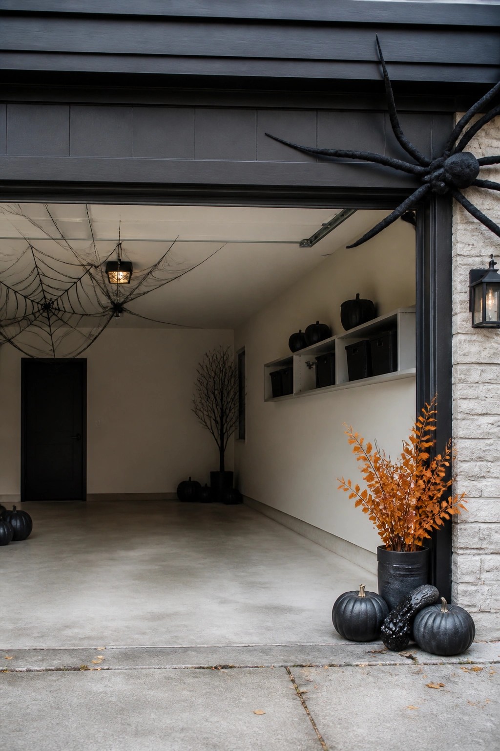 Garage entrance with a large black spider on the door frame, spiderwebs inside, and black pumpkins along the floor.