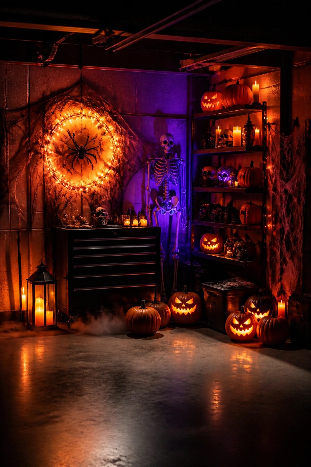 Garage interior with a large illuminated spider web and spider on the wall, a standing skeleton, and multiple carved pumpkins arranged on the floor and shelves.