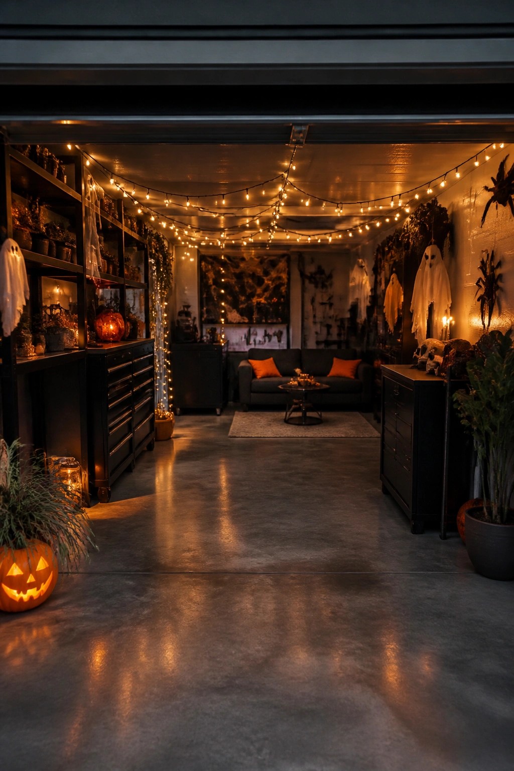Garage interior set up for a Halloween party with multiple white sheet-style ghosts hanging on the walls, string lights across the ceiling, and carved pumpkins on the floor.