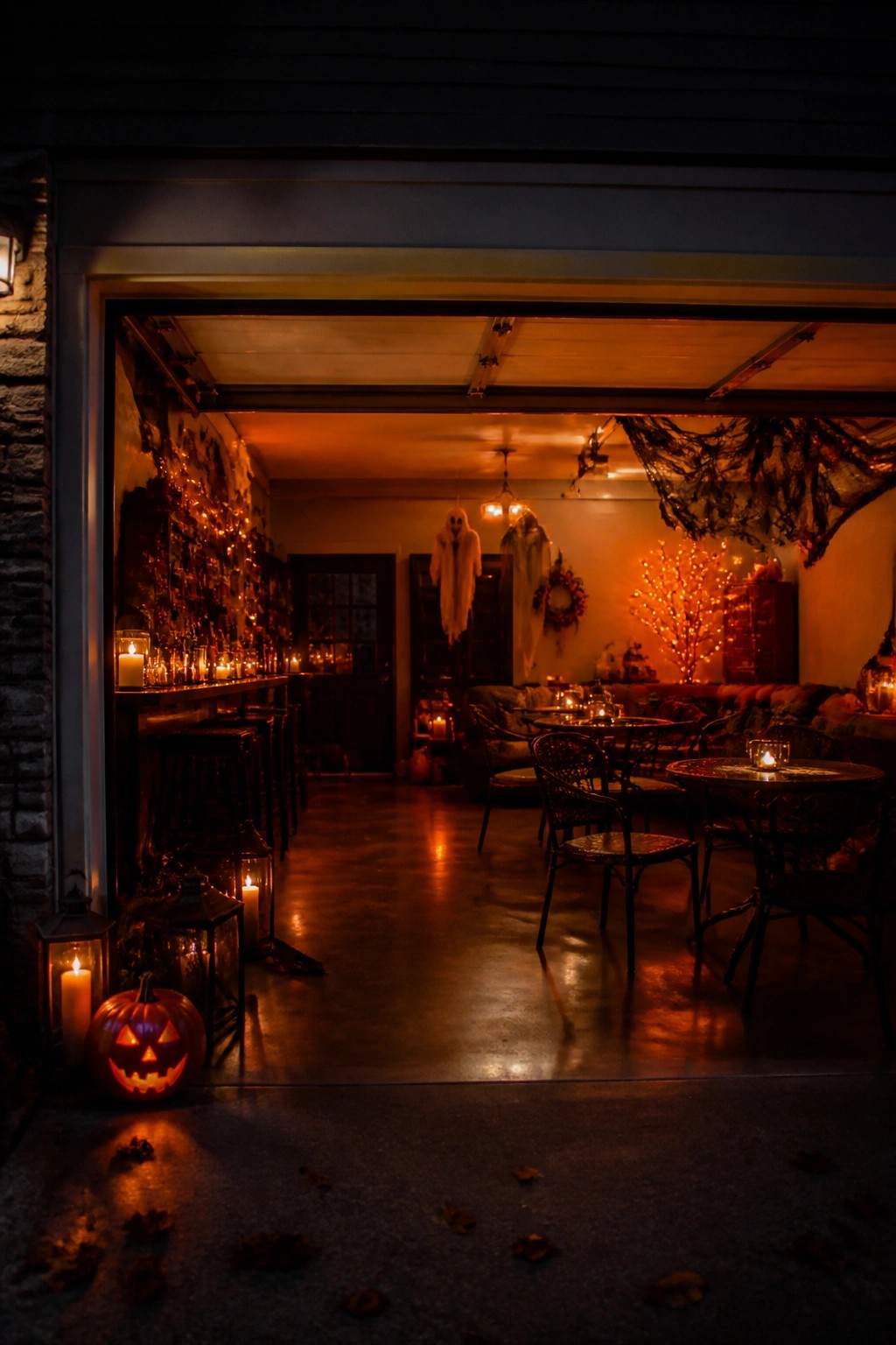 Garage party space decorated with hanging white fabric ghosts, black spiderweb netting across the ceiling, and a lit jack-o'-lantern near the entrance.
