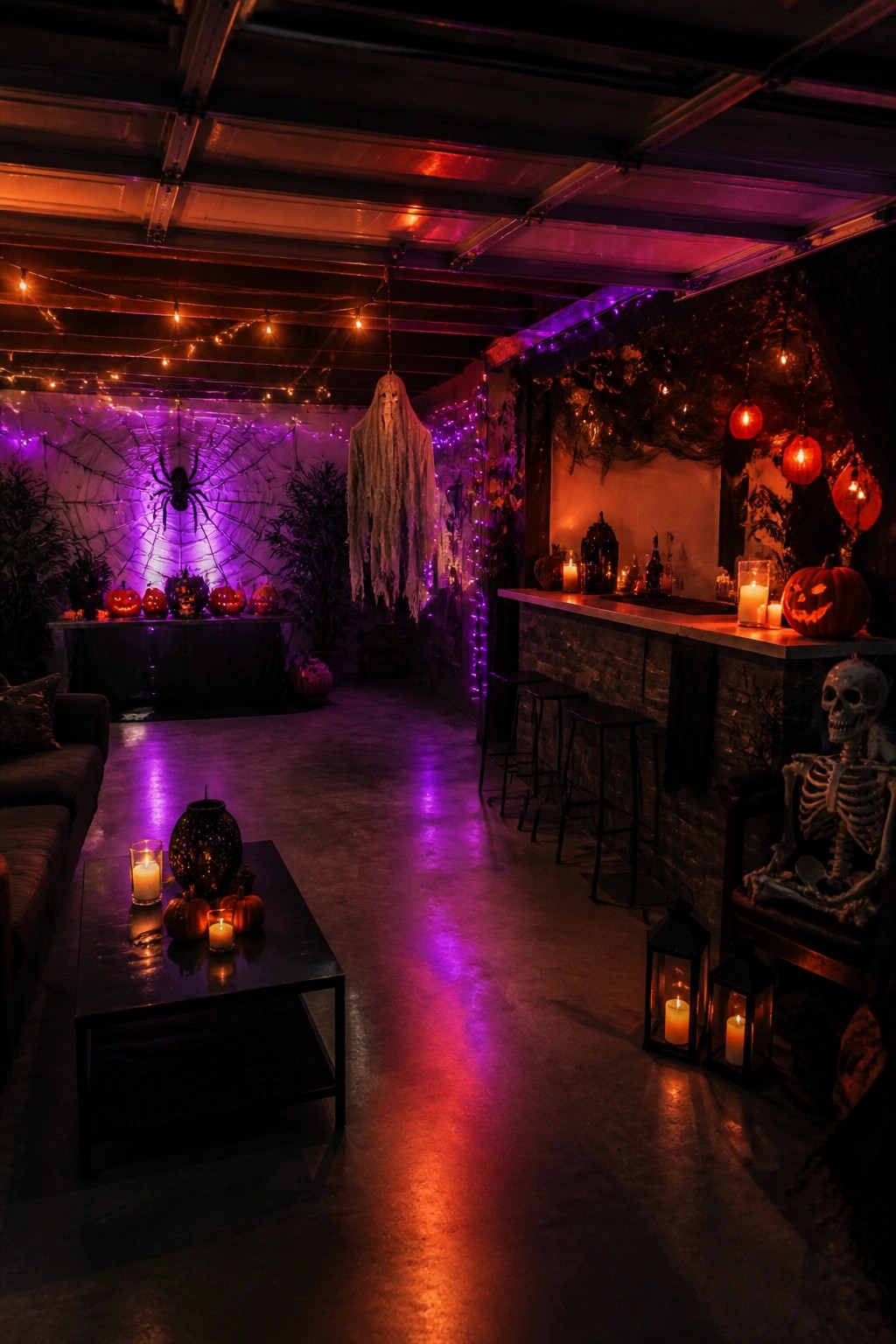 Garage party space with a large hanging ghost, spiderweb backdrop, skeleton seated at the bar, and carved pumpkins on surfaces.