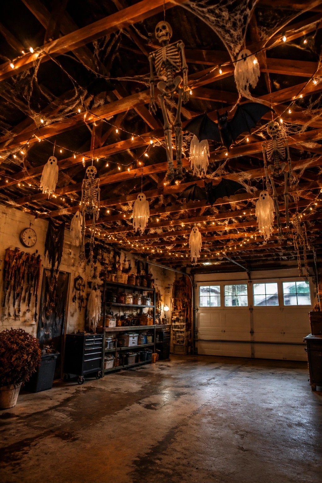 Halloween-decorated garage with hanging skeletons, ghosts, bats, webs, and string lights.