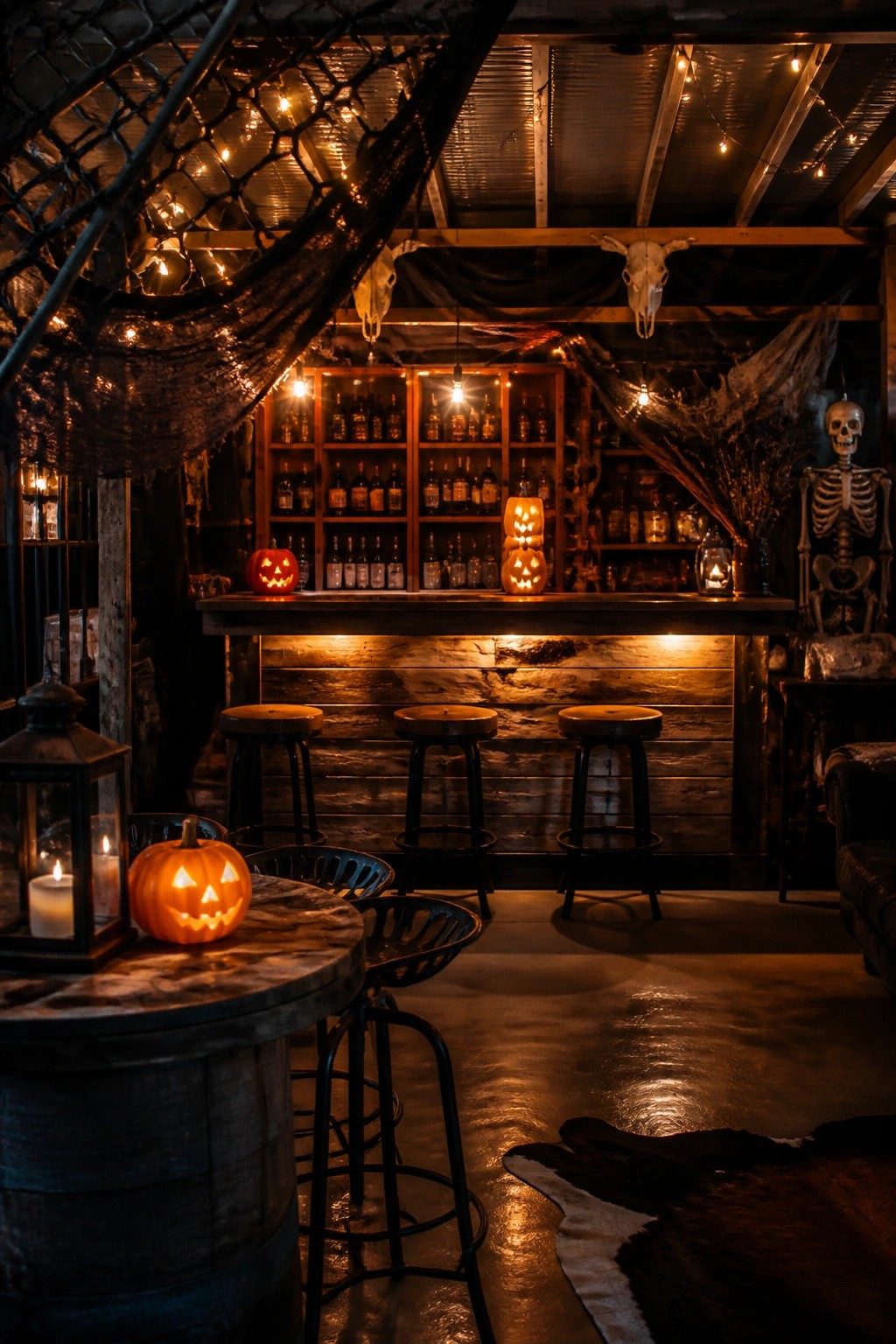 Garage bar decorated with black spiderwebs, hanging skulls, string lights, and glowing jack o lanterns along the counter.