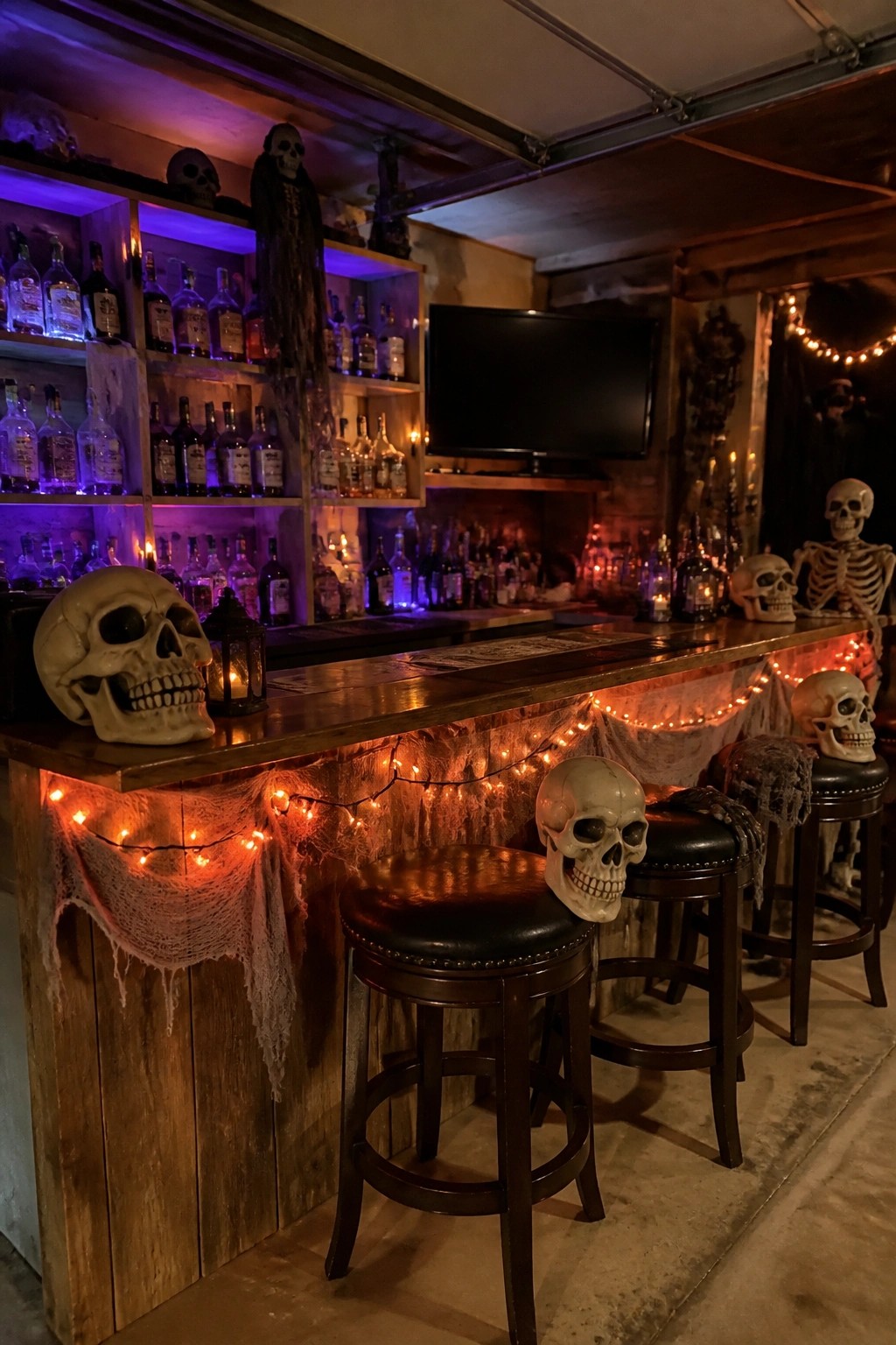 Skull-adorned wooden bar with cobwebs, string lights, bar stools, and purple-lit liquor shelves.