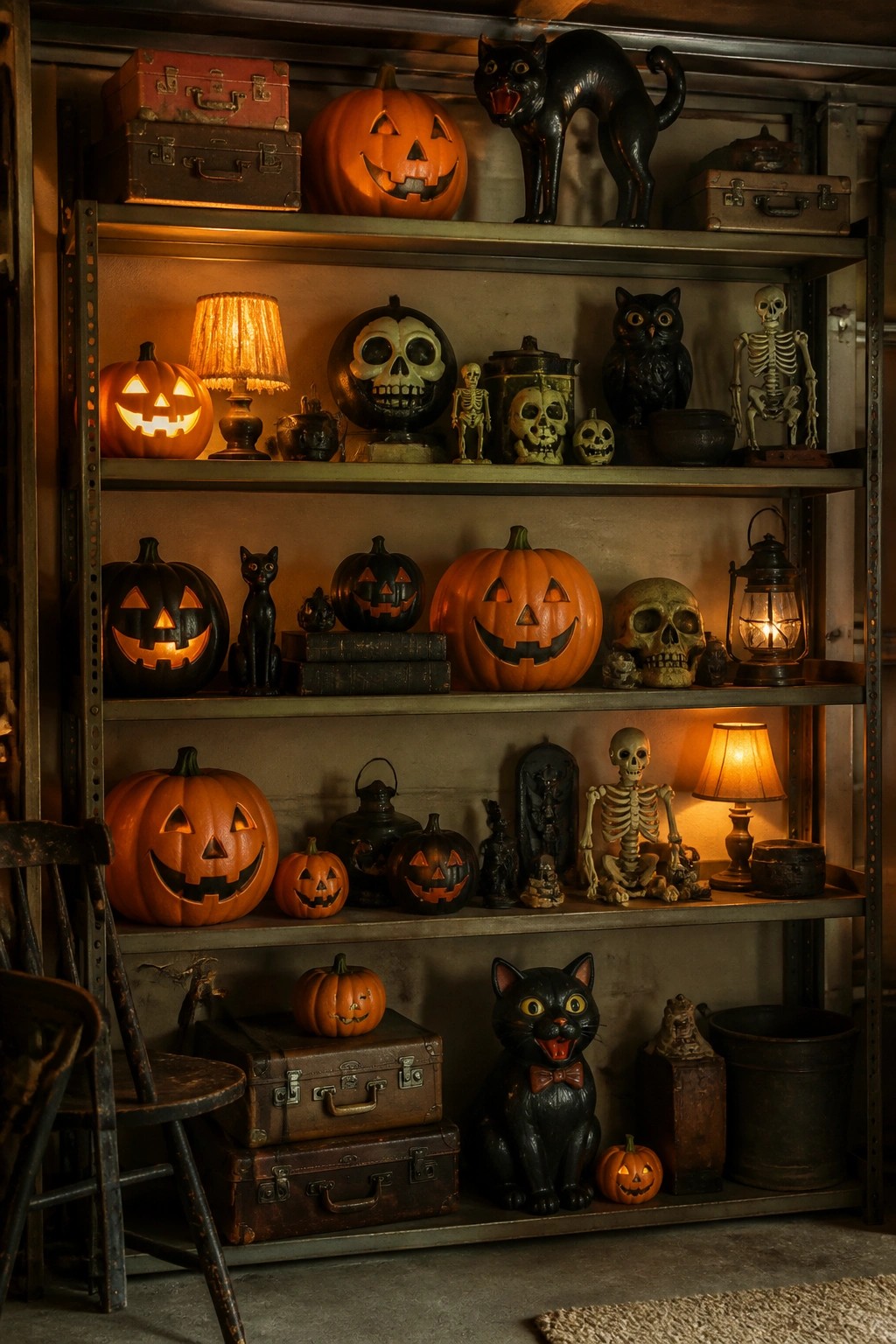 Metal garage shelves filled with carved jack-o'-lanterns, plastic skeletons, black cat figures, and small lanterns arranged as a Halloween display.