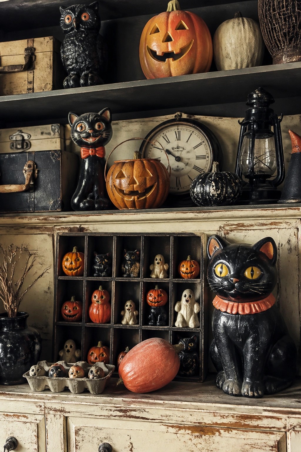 Vintage black cats, carved pumpkins, and ghosts displayed on distressed cabinet shelves.