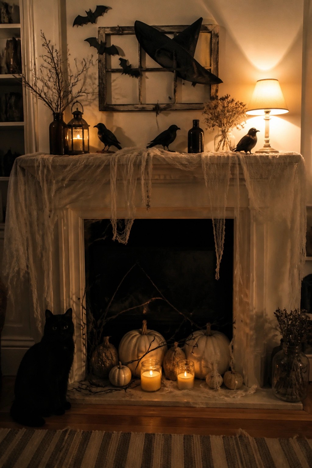 Black cat by fireplace with pumpkins, candles, crows, bats, and witch hat on mantel.
