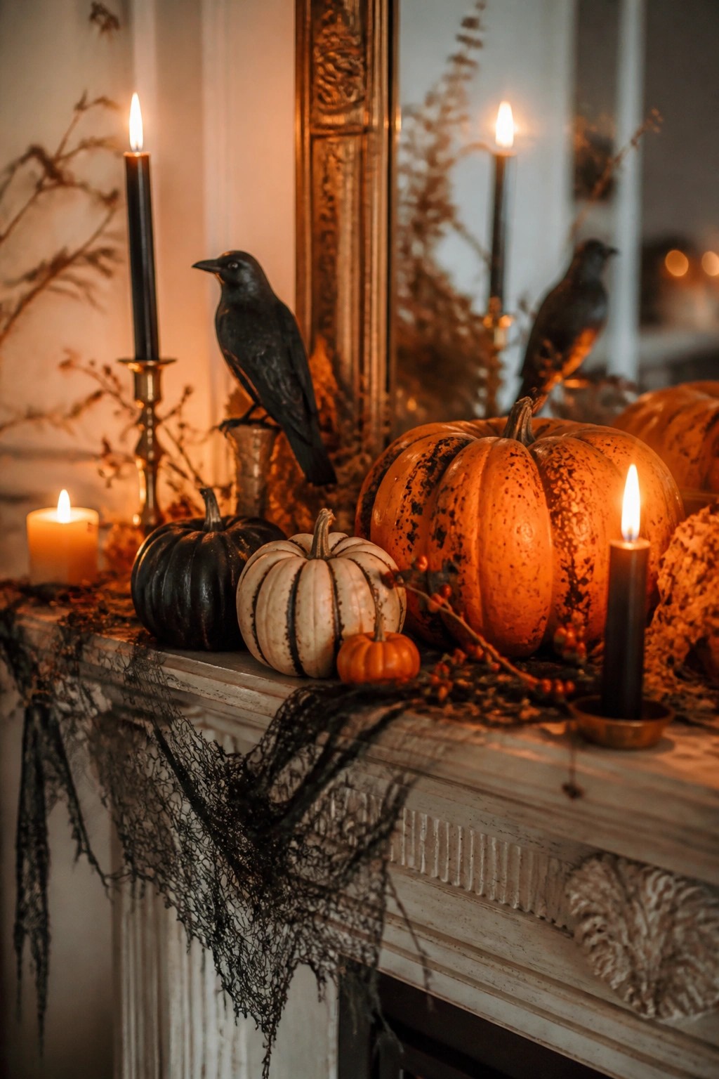 White fireplace mantel styled for Halloween with black crows perched among black and orange pumpkins, black candles, and black web-like fabric.
