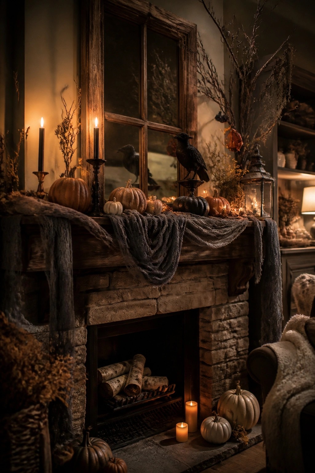 A brick and wood fireplace mantel decorated with black crows, pumpkins, candles, and dried branches for Halloween.
