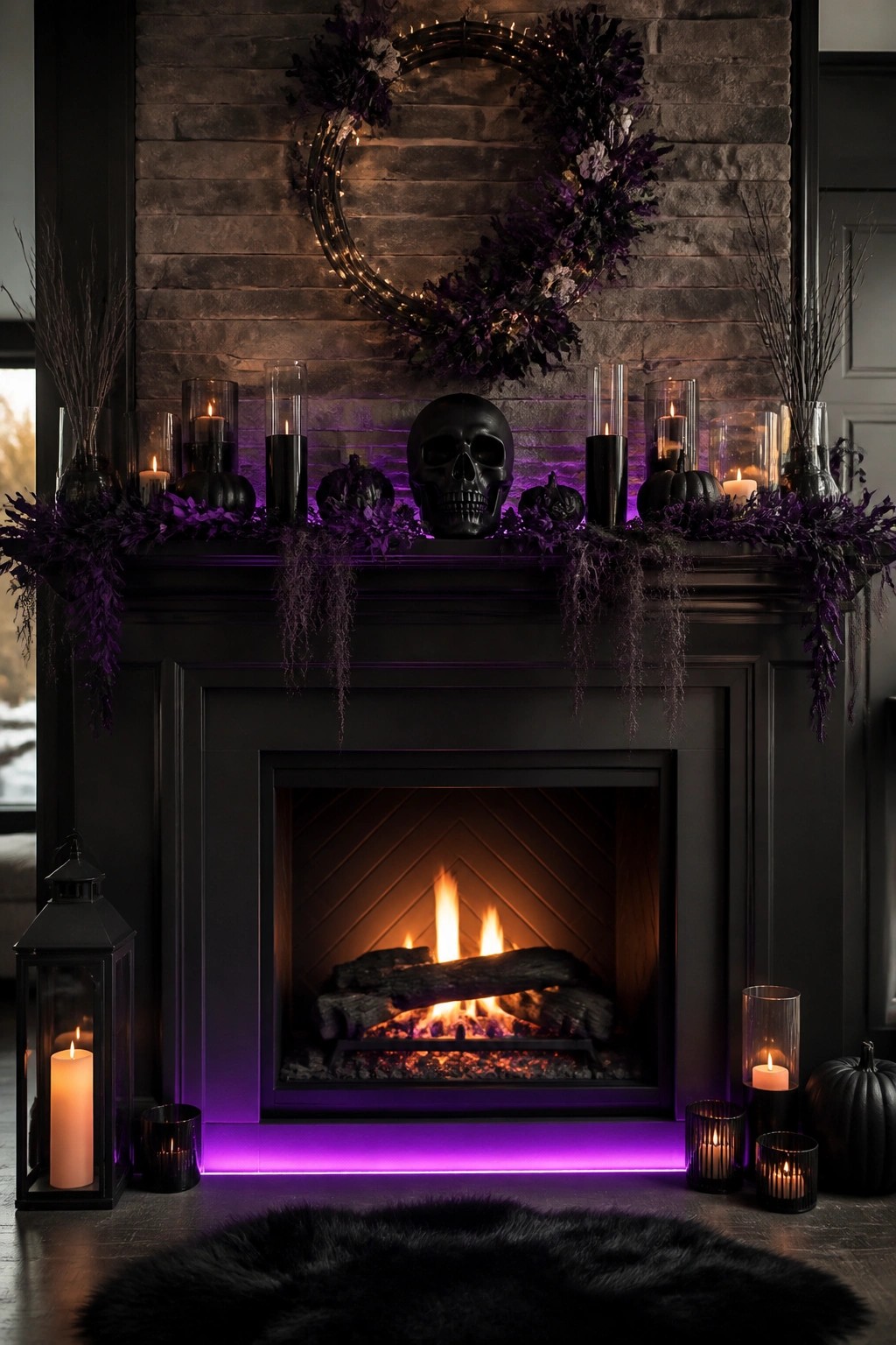 Black fireplace with burning fire, skull, purple garlands, pumpkins, and glowing candles on mantel