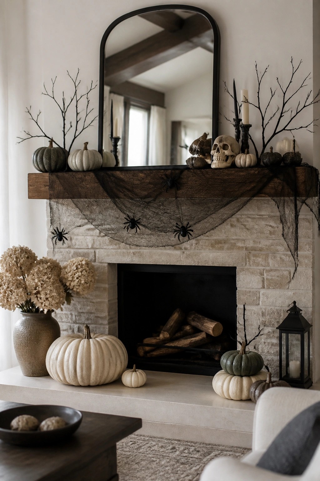 Rustic fireplace with pumpkins, skull, spiderwebs, branches, and black candles on mantel