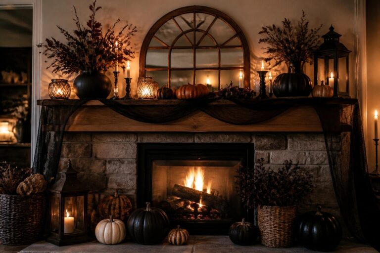 White brick fireplace with wooden mantel holding pumpkins, lanterns, and foliage, plus a skeleton seated on the hearth next to a lit jack o' lantern.