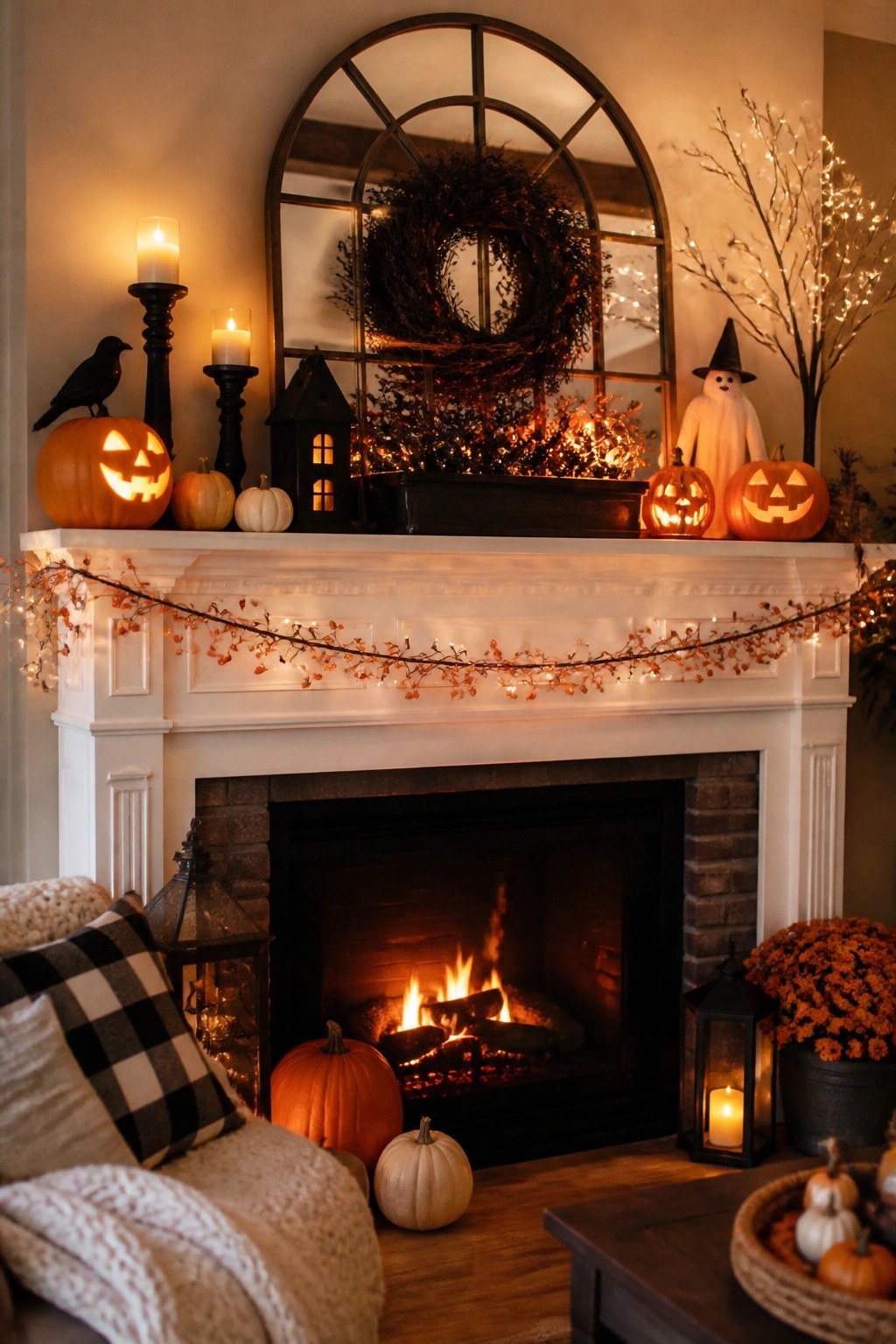 White fireplace mantel lined with carved jack o lanterns, a small ghost figure, a black crow, lanterns, and string lights.