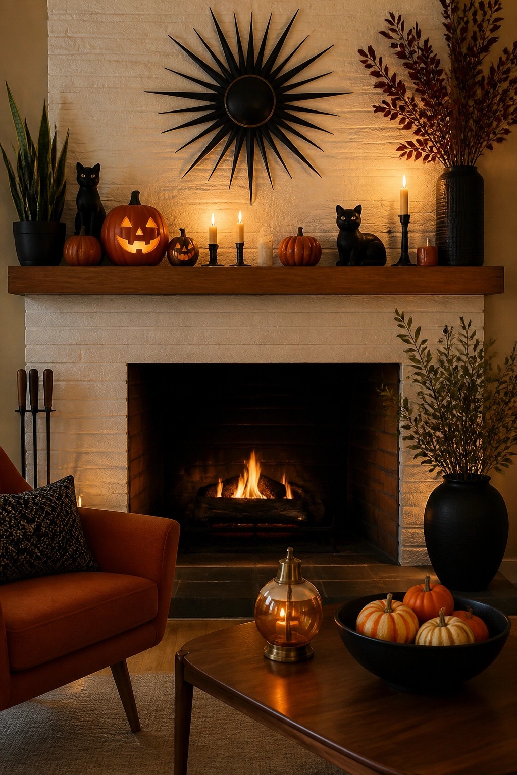 White brick fireplace mantel decorated with carved jack o'lanterns, black cat figurines, and lit candles for Halloween.