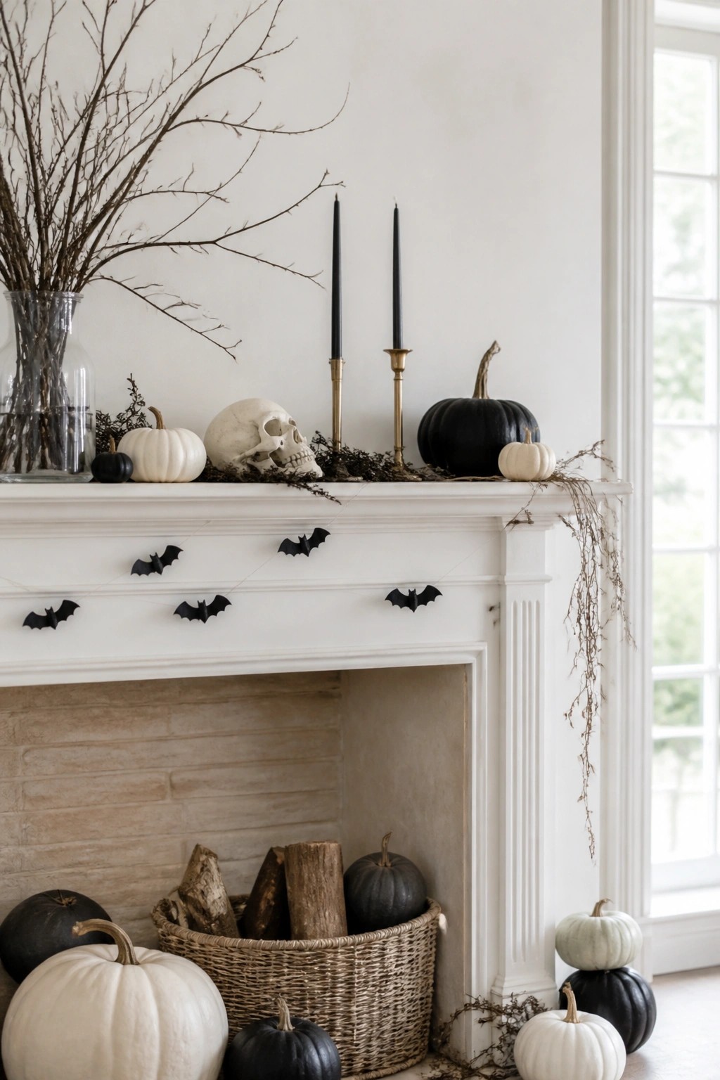White fireplace mantel with black bat garland, a skull, black candles, and black and white pumpkins arranged for Halloween.