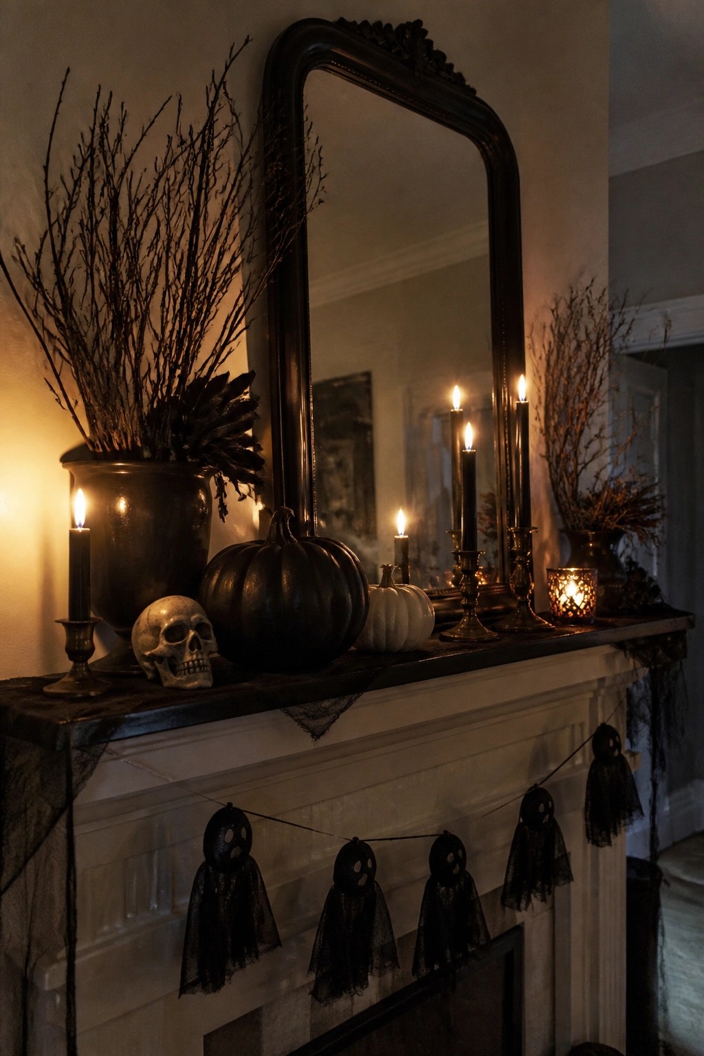 Halloween mantel with a black ghost garland, black pumpkins, a skull, and lit candles.