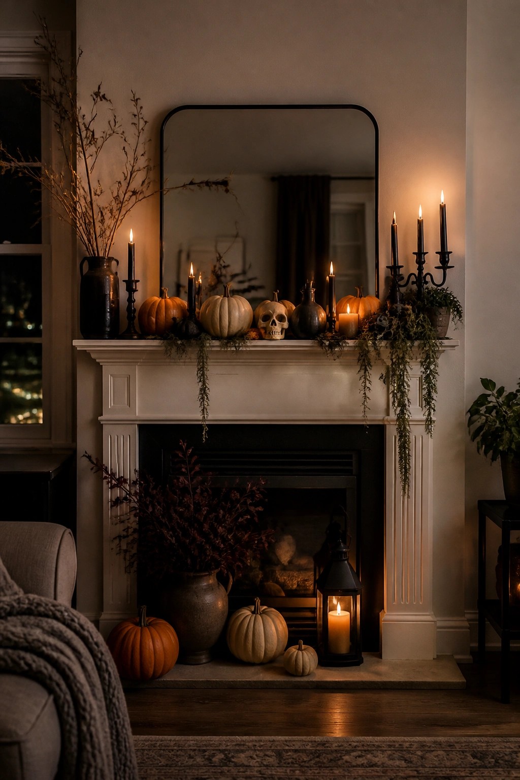 A white fireplace mantel lined with black taper candles, orange and white pumpkins, a skull, and dark glass bottles.