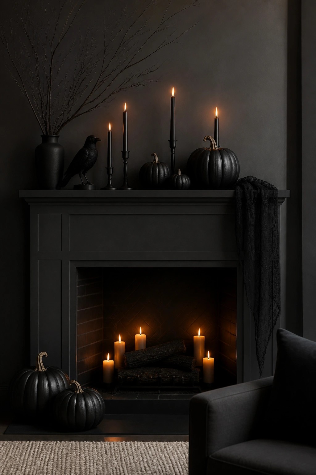 Black fireplace mantel styled with tall black candles, black pumpkins, a black crow statue, and bare branches in a vase, with additional candles lit inside the fireplace.