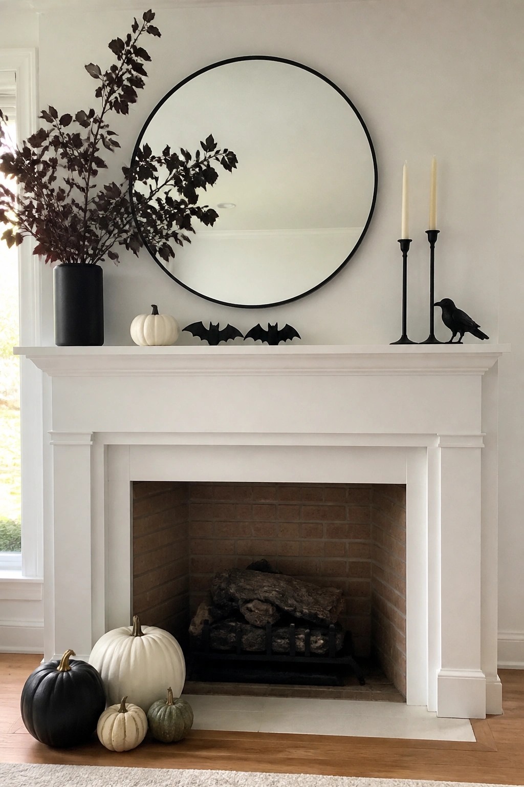 White fireplace mantel with round mirror, black bats, candles, crow, and pumpkins on floor