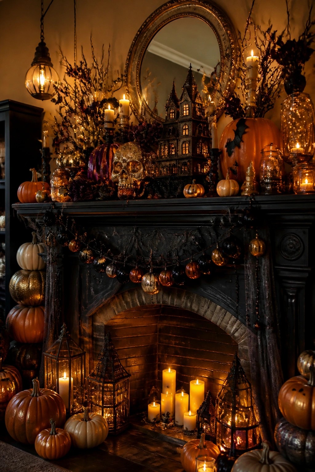 Black fireplace mantel styled with a glowing haunted house, golden skull, pumpkins, candles, and garlands for Halloween.