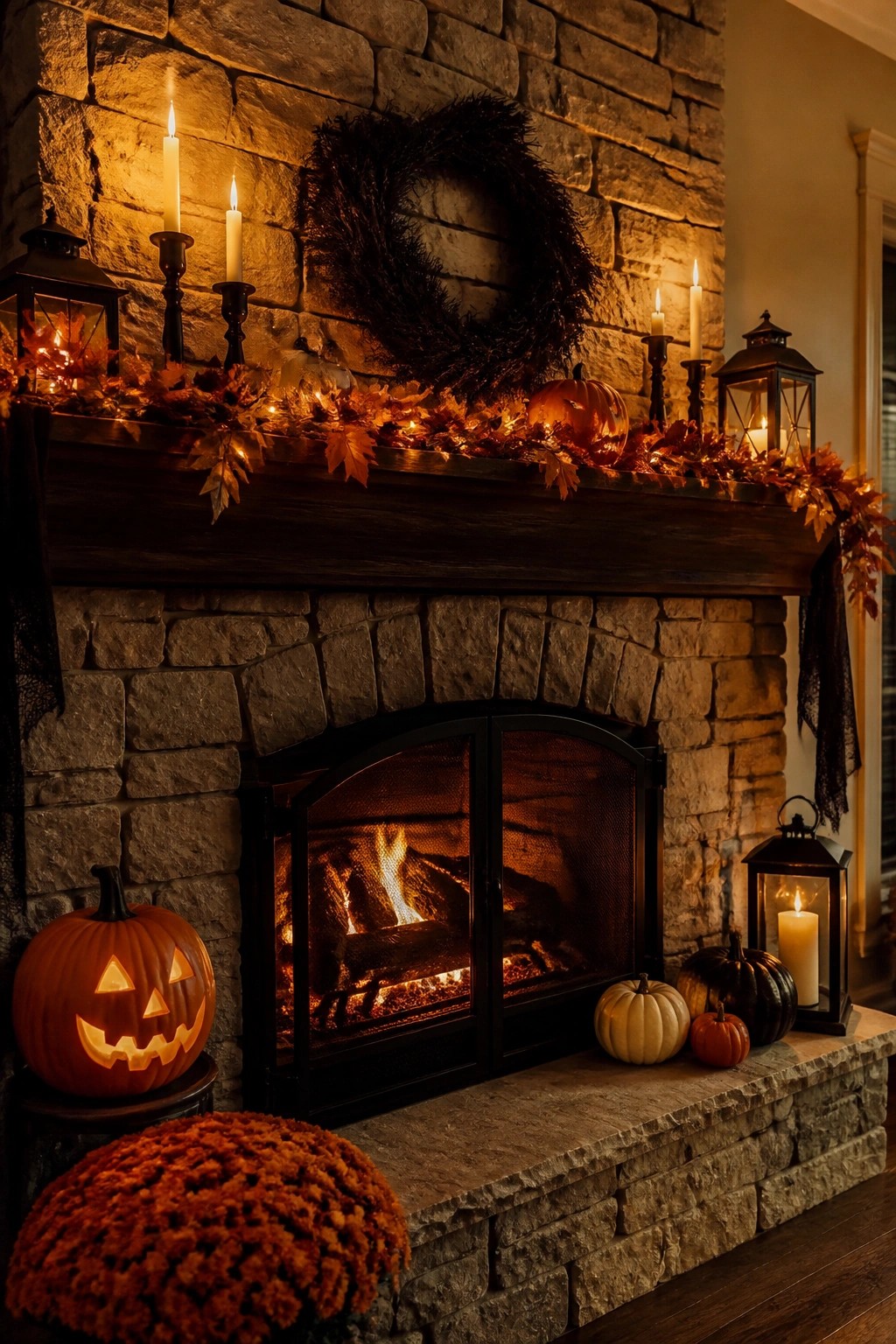 Stone fireplace mantel decorated with orange leaf garland, multiple lit candles in black holders, two lanterns, and small pumpkins for a Halloween display.