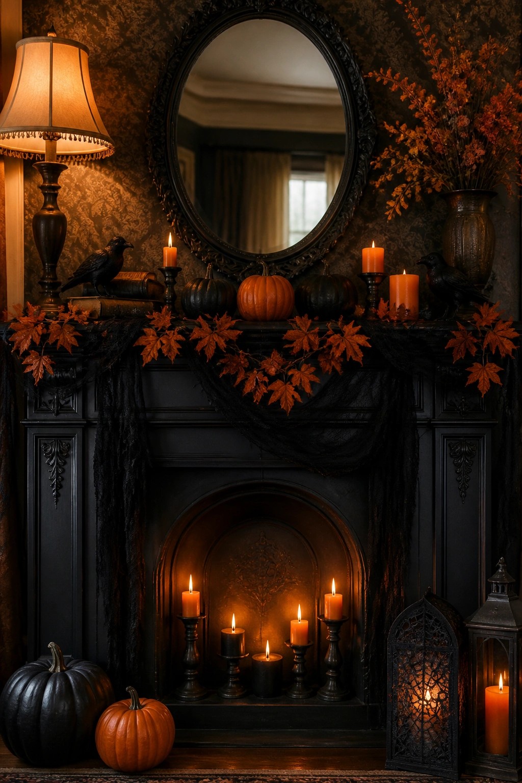 A black fireplace mantel decorated with lit orange and black candles, small black crows, pumpkins, and orange leaf garland.