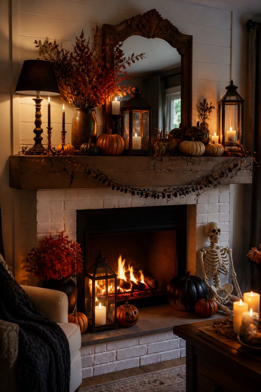 White brick fireplace with wooden mantel holding pumpkins, lanterns, and foliage, plus a skeleton seated on the hearth next to a lit jack o' lantern.
