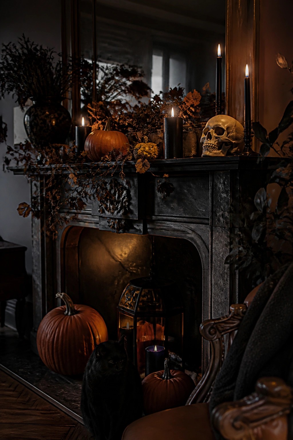 Black cat by dark fireplace with pumpkins, skull, lit candles, and dried leaves