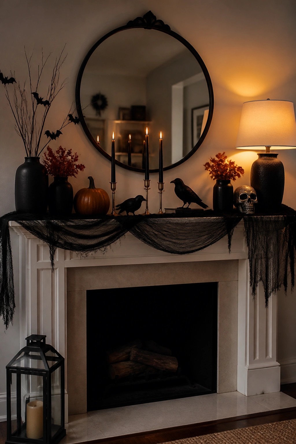 Spooky Halloween fireplace mantel with black candles, crows, pumpkin, skull, and round mirror.