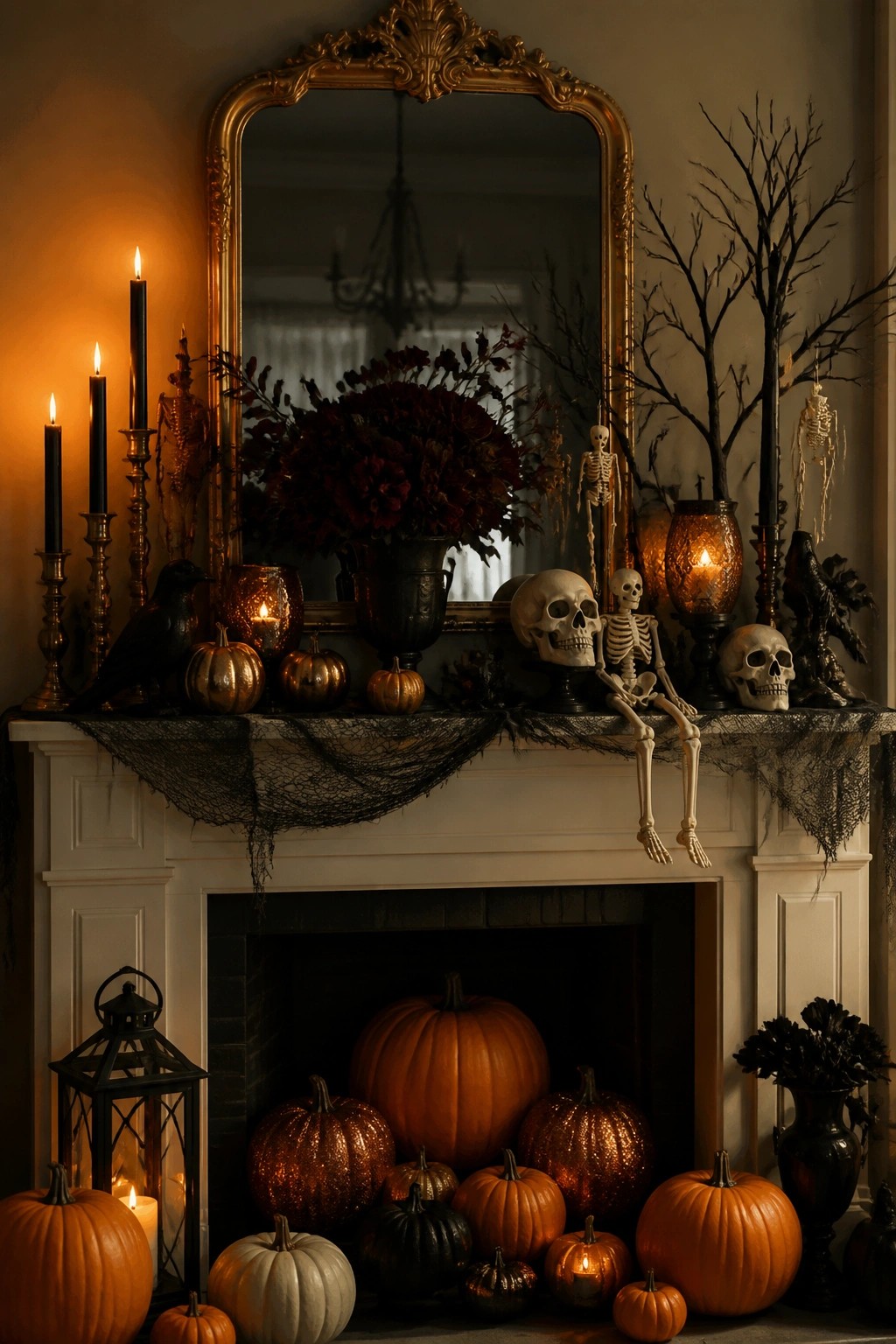 White fireplace mantel decorated with small skeletons, skulls, black netting, candles, and pumpkins for Halloween.