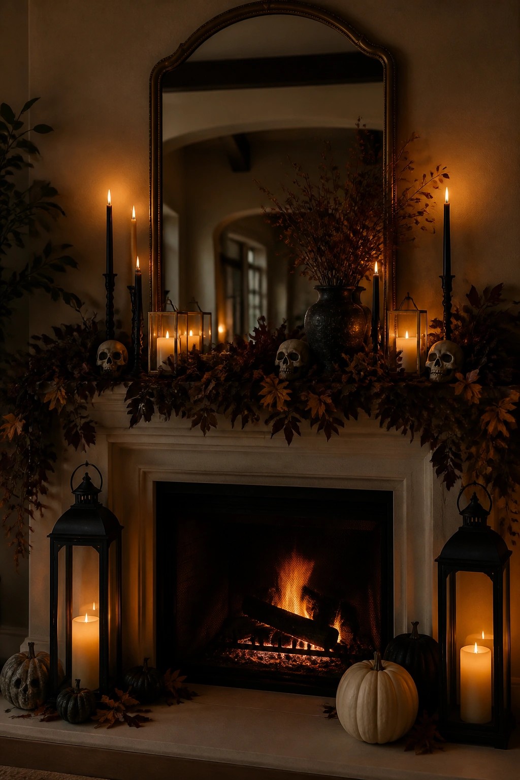 White fireplace mantel decorated with black candles, lanterns, three skulls, and dark foliage above a lit fire.
