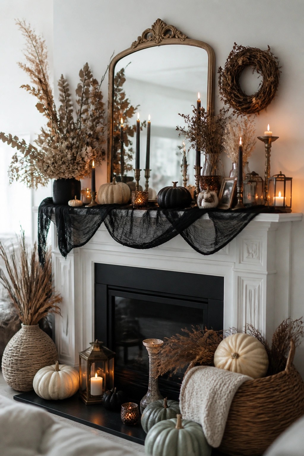 White fireplace mantel styled for Halloween with black taper candles, black fabric, pumpkins, and dried florals.