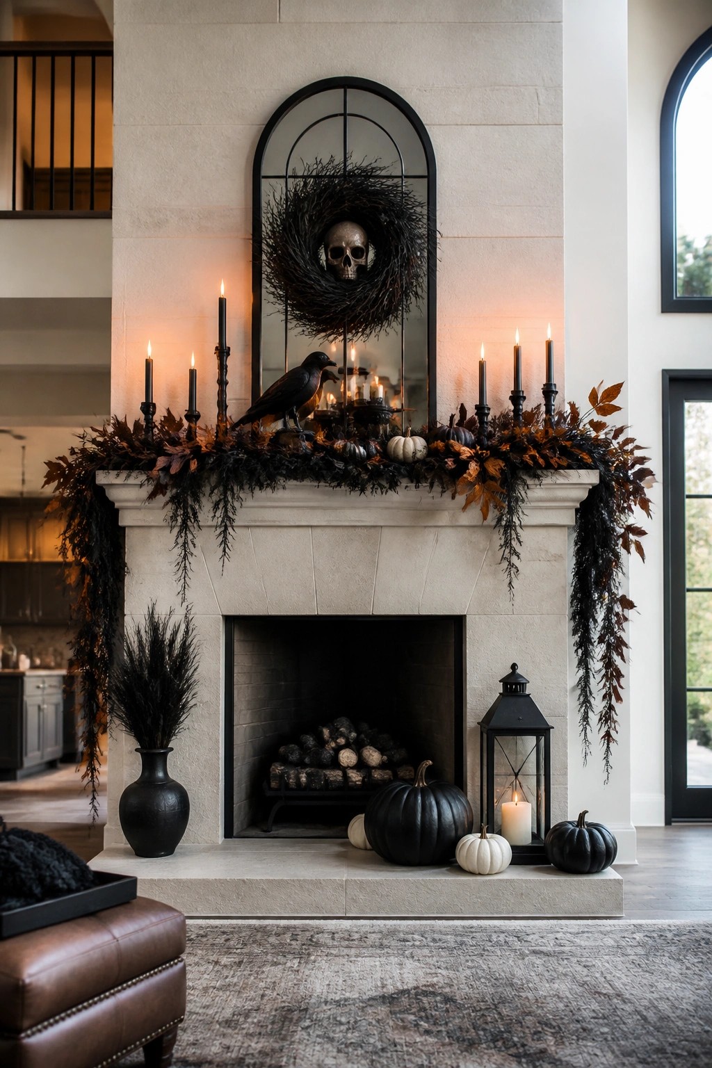 Stone fireplace mantel with a black skull wreath centered above the opening, black candles, a black crow, and dark garland for Halloween.
