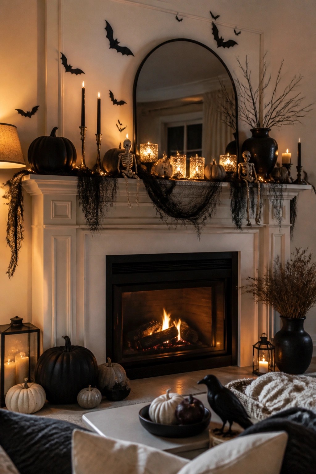 White fireplace mantel decorated with black bats on the wall, two small skeletons, black netting, candles, and pumpkins.