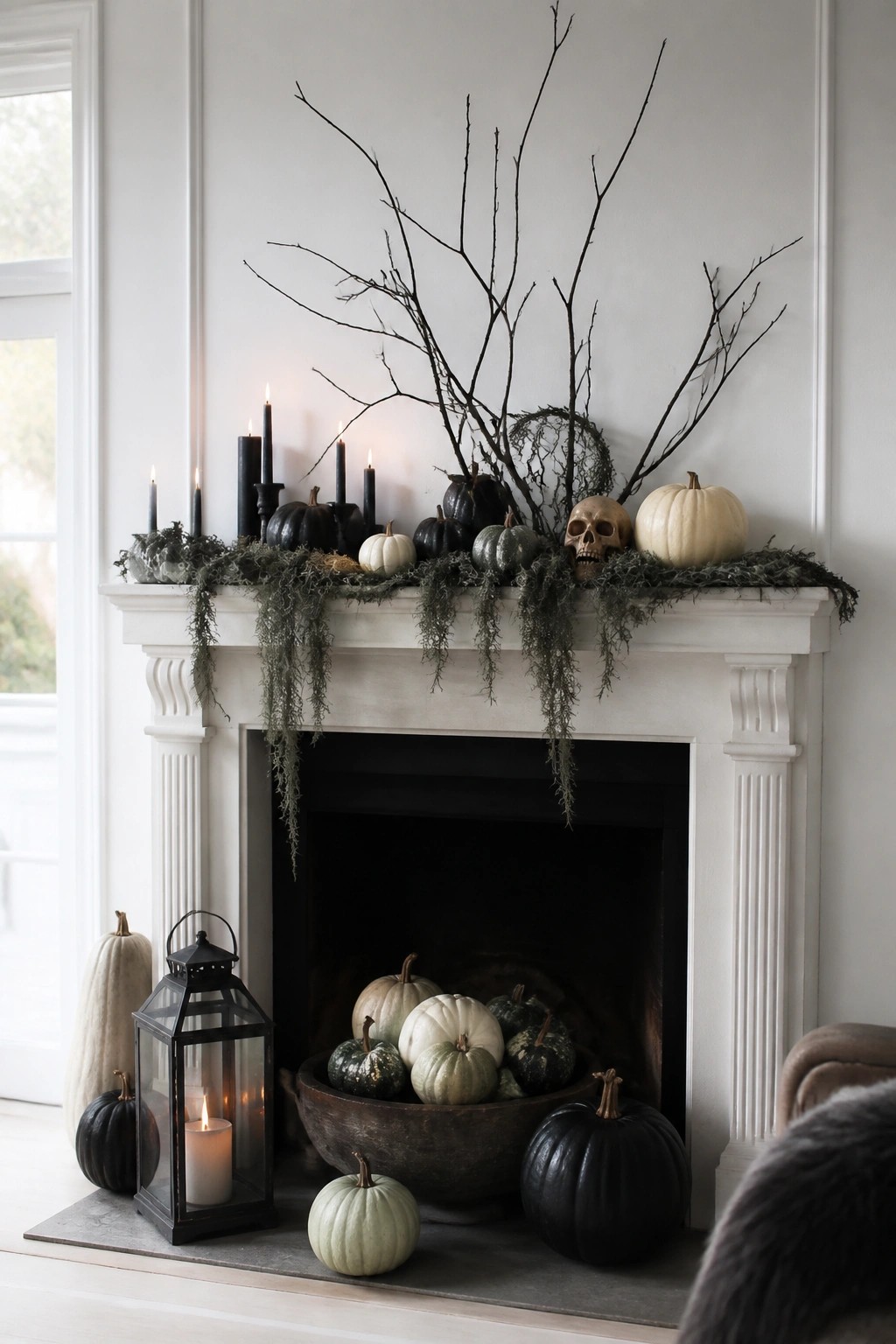 White mantel with lit black candles, pumpkins, skull, branches, and hanging moss.