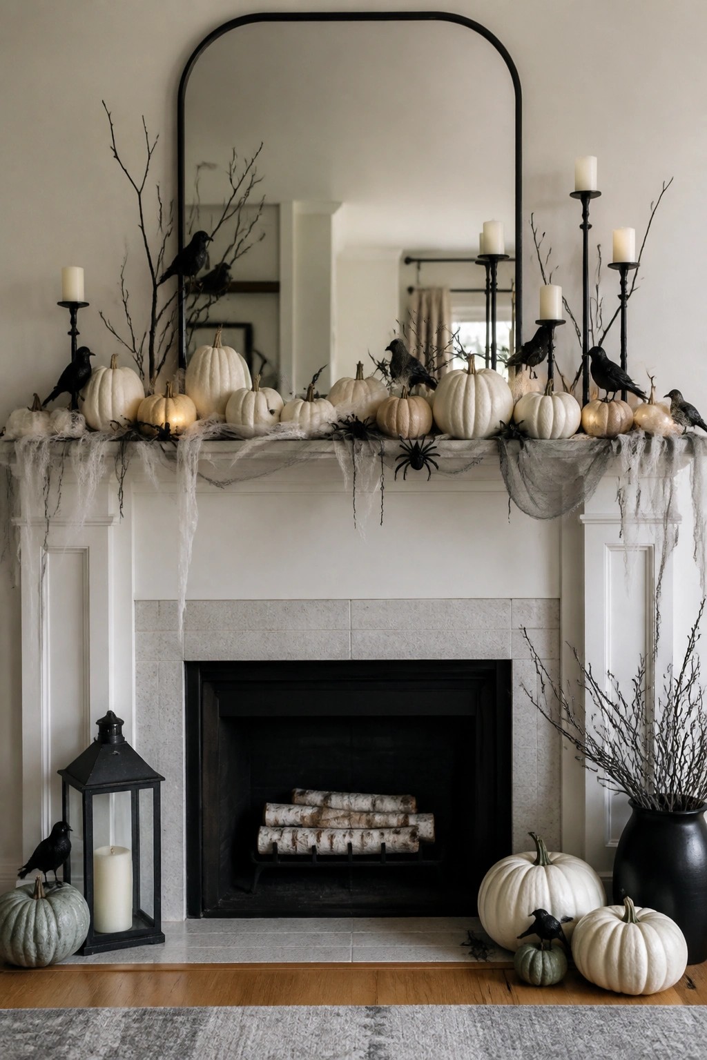 White fireplace mantel styled with white pumpkins, black crows on bare branches, and light spiderwebs for Halloween.