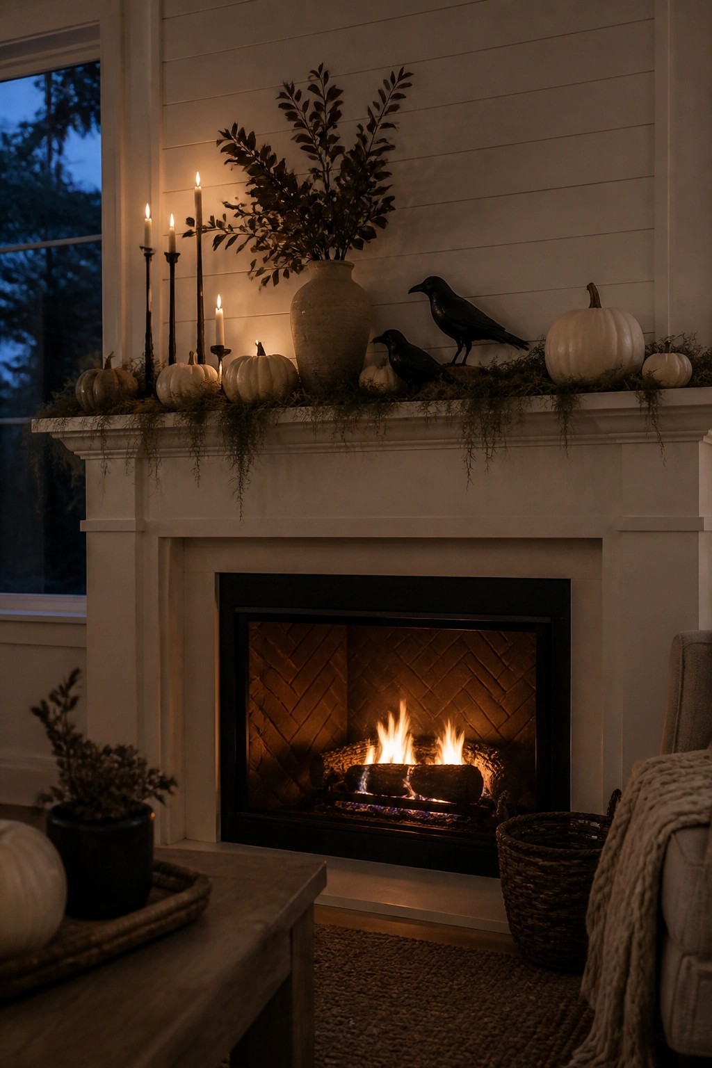 White fireplace mantel decorated with black crow figures, white pumpkins, and a large vase of dark branches above a lit fire.